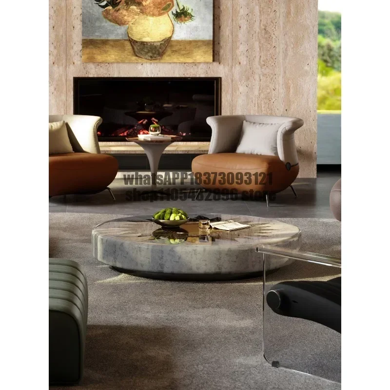 Golden sunflower coffee table high-end luxury house, the whole house is equipped with natural marble round coffee table
