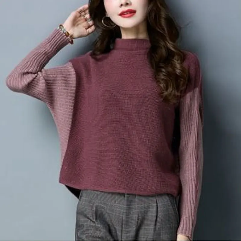 Female Clothing Batwing Sleeve Loose Sweaters Vintage Half High Collar Autumn Winter Stylish Casual Patchwork Knitted Jumpers