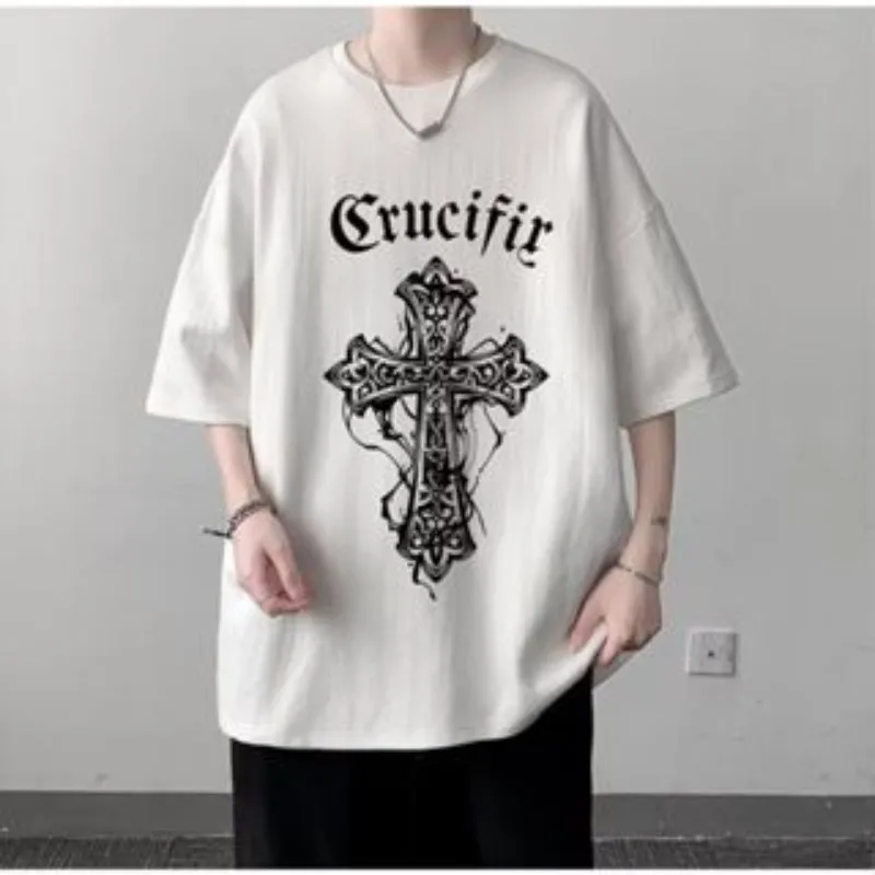 

8XL Korean Loose Fashion Trend New American Retro Black Cross Print T-shirt Men's Versatile Couple Outfit