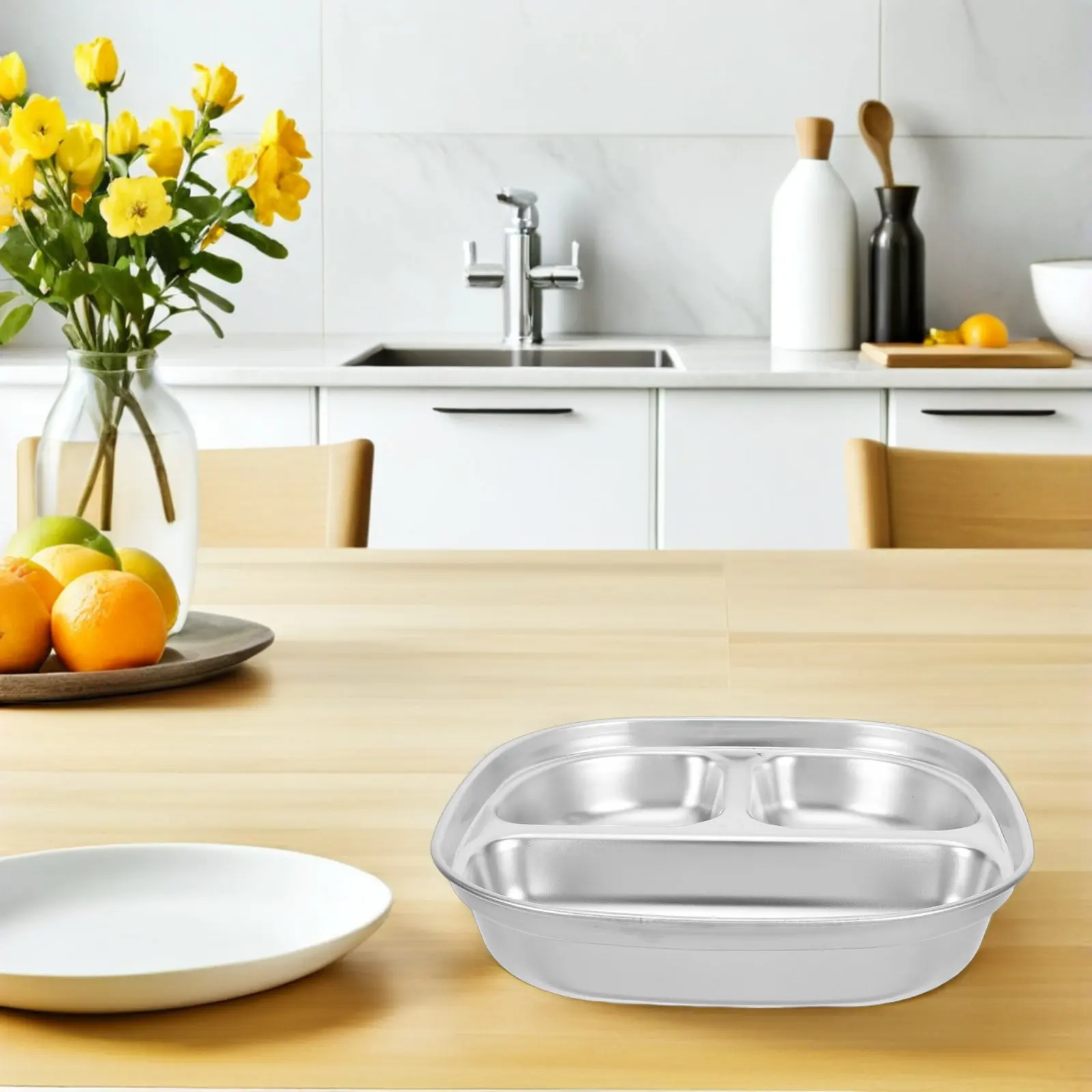 Stainless Steel Divided Plate 3-Compartment Portion Control Serving Platter for Balanced Meals Lunch Dinner Camping Office