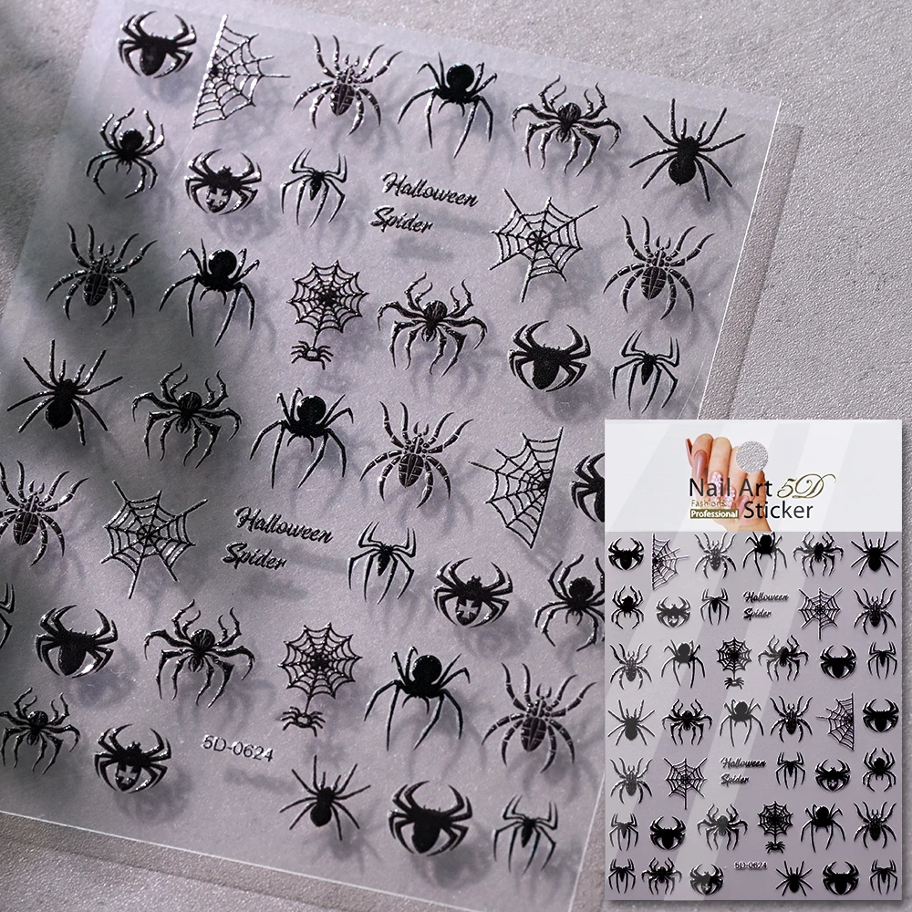 1 Stück 5D Schwarze Halloween-Spinnen-Nagelaufkleber mit verschiedenen Designs: Fledermaus/Geistergesicht/Kürbis/Totenkopf, selbstklebende Slider, DIY-Nagelzubehör