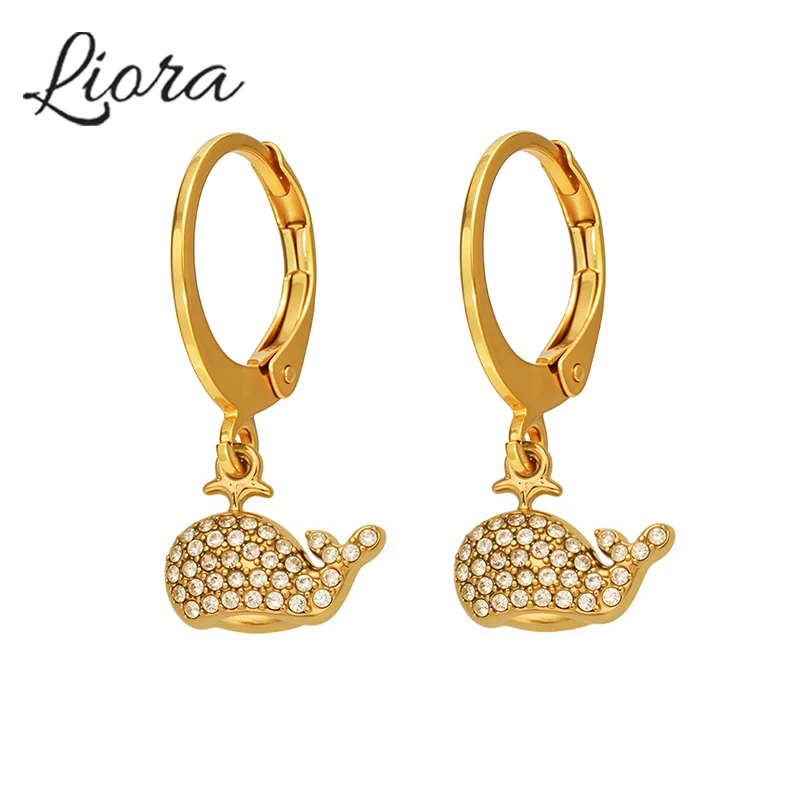 Liora Cubic Zirconia Dolphin Dangle Earrings for Women PVD Gold Plated Stainless Steel Prevent Allergy Earrings Women's Jewelry