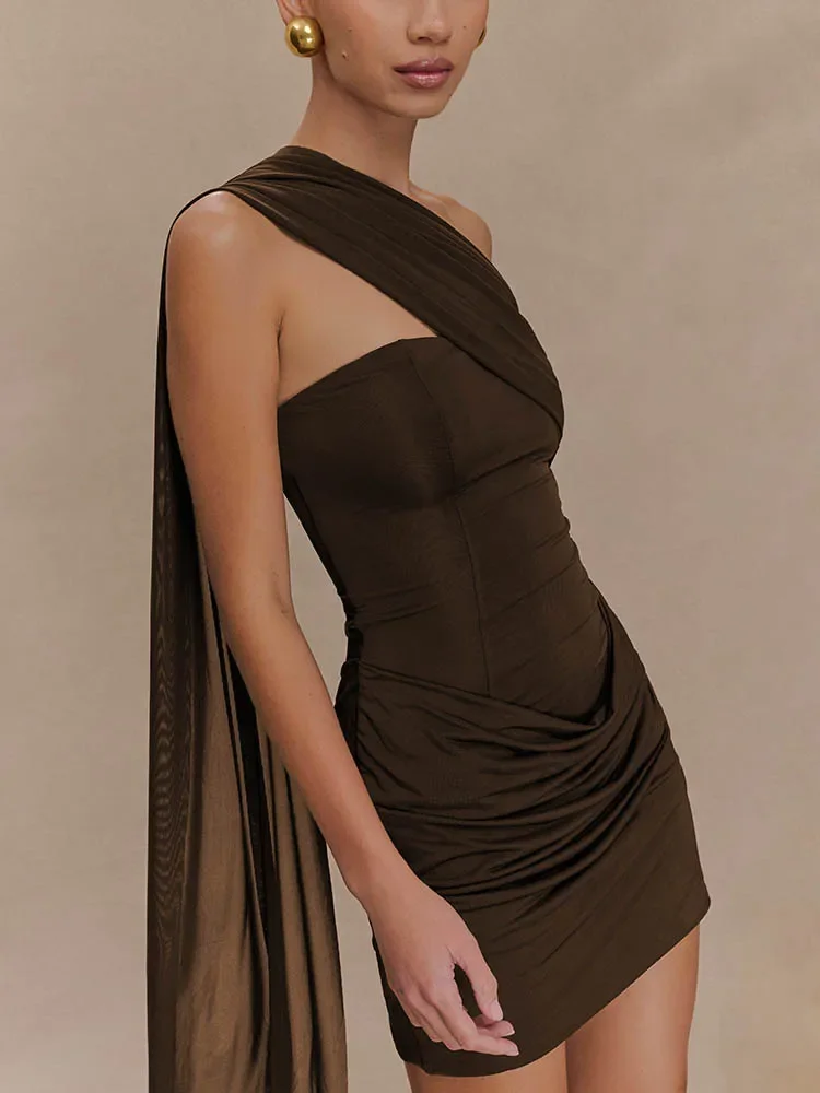 XIAOTANG One Shoulder Backless Sexy Mini Dress Women Fashion Off-shoulder Sleeveless Backless Draped Ruched Bodycon Club Dress