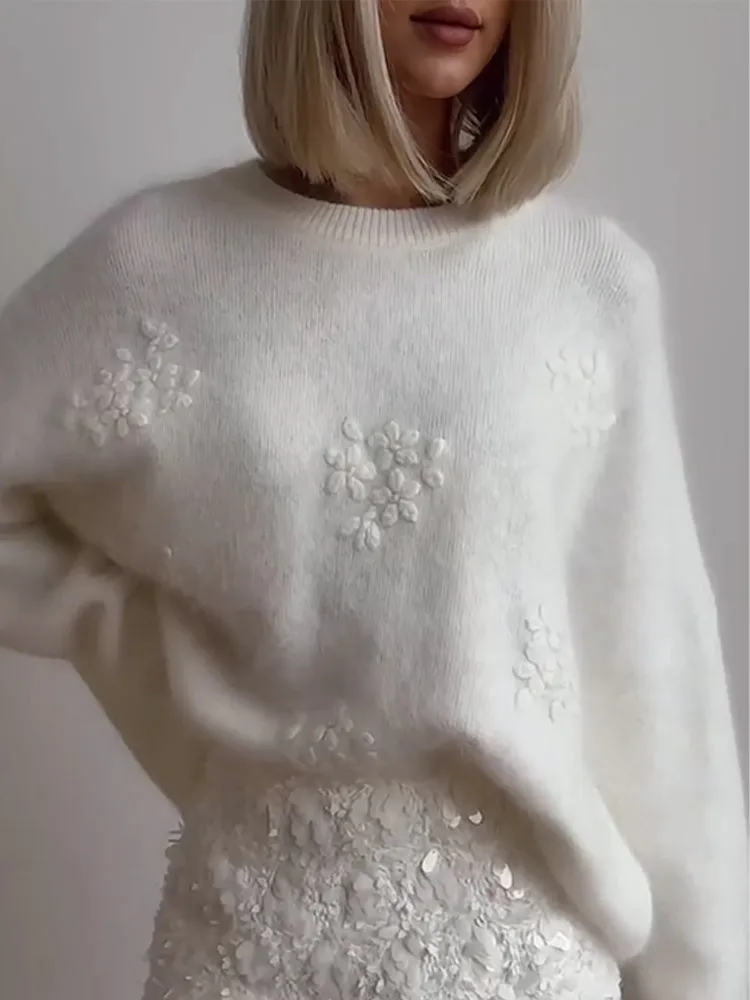 

Женский однотонный повседневный пуловер, жаккардовый свитер, модный и элегантный вязаный пуловер с круглым вырезом, элегантный пригородный топ