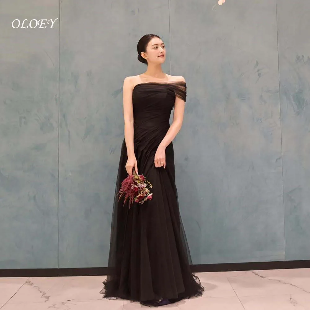

OLOEY Elegant Black Tulle Evening Dresses Korea Wedding Party Photo shoot One Shoulder Draped Formal Occasion Customized