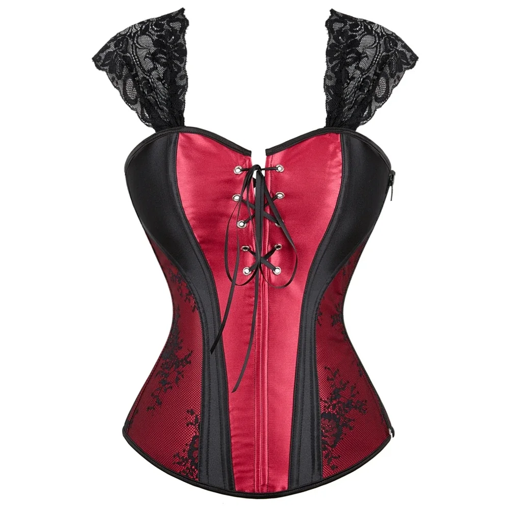 Women Corset Top With Straps Zipper Victorian Sexy Bustier Floral Lace Up Overbust Lingerie Gothic Fashion Plus Size