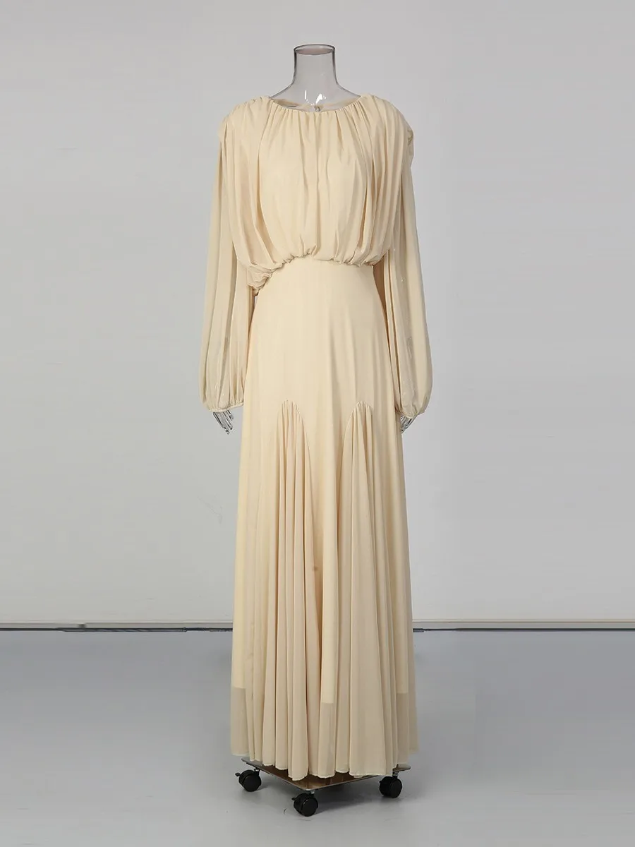 TWOTWINSTYLE Solid Spliced Plooien Minimalistische Jurken voor Vrouwen Ronde Hals Lange Mouwen Hoge Taille Elegante Jurk Vrouwelijke Herfst Nieuwe