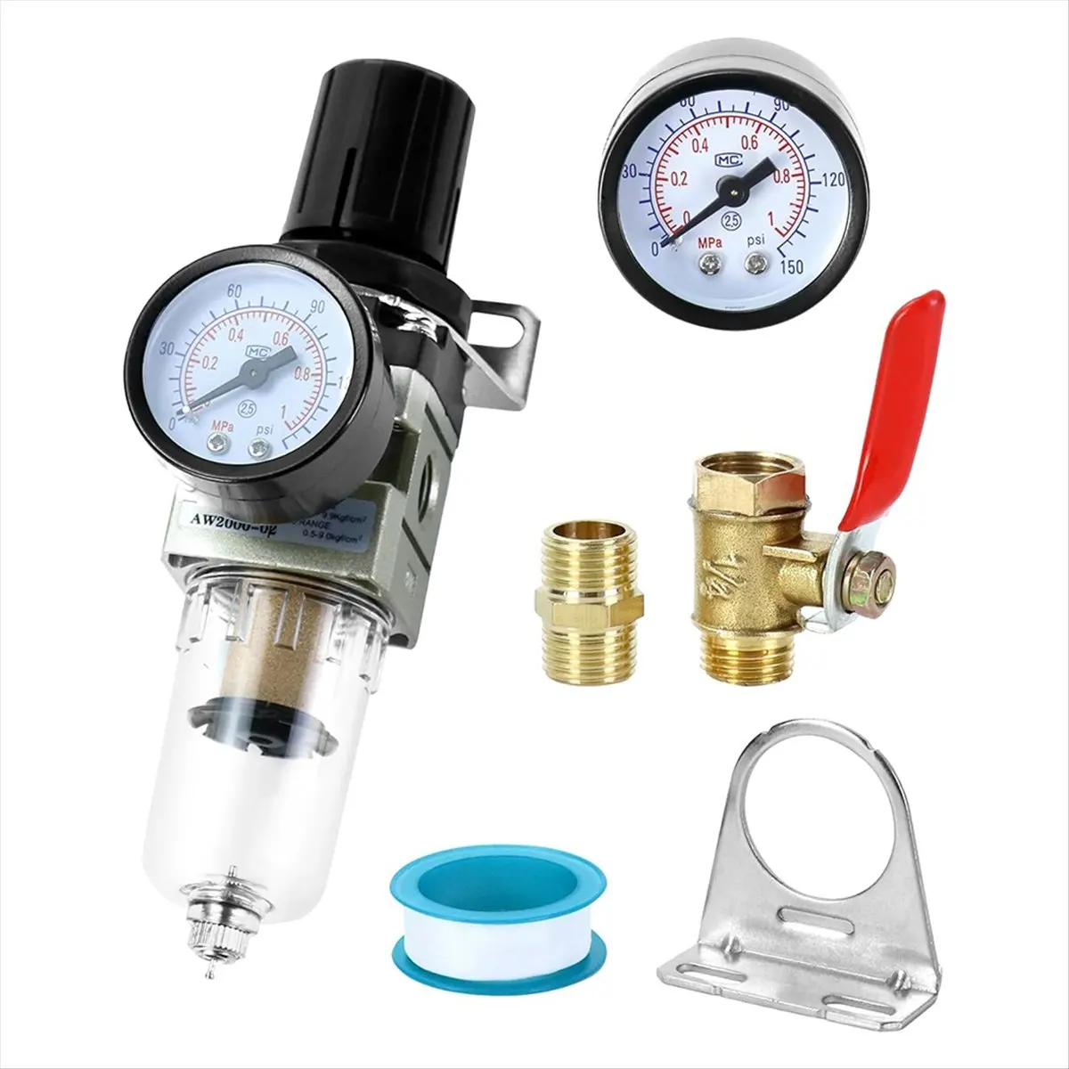 A56K 1/4 Inch Air Compressor Filter Regulator Combo AW2000-02 - Brass Elements, 150 PSI Max Pressure, Compact Design