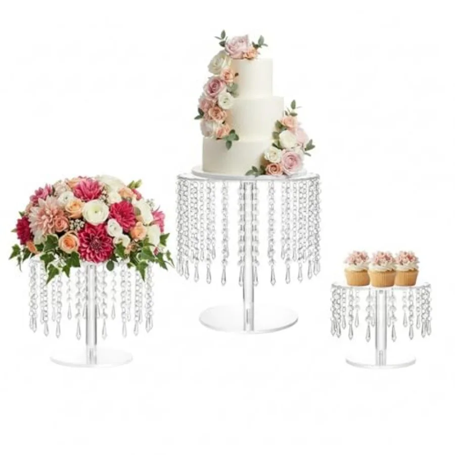

Acrylic Wedding Cake Stand Set - 3 Pcs Clear Round Cupcake Stands Dessert Display with Crystal Bling Pendants for Wedding Event
