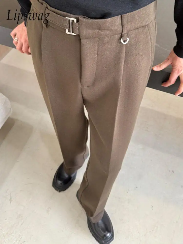 

2026 Spring Stylish Mens Straight Trousers Formal Business Casual Pure Color Slim Fit Pants Vintage Men Pleated Belt Waist Pants