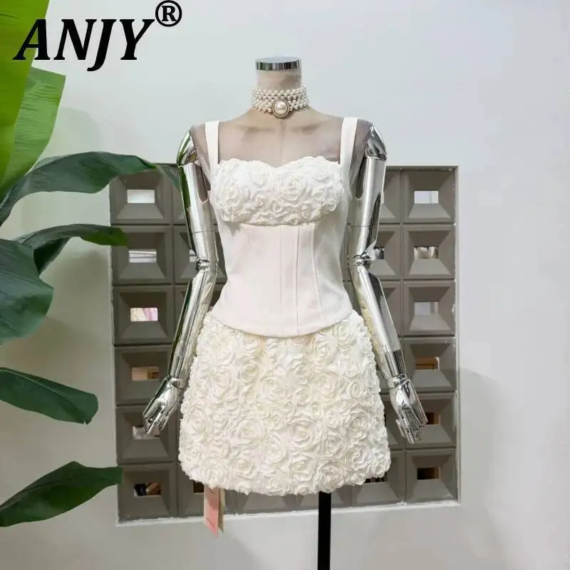 ANJY Summer New Women Sweet Style Waist-Cinching Patchwork Flowers Sleeveless Tank Top Elegant Floral Short Skirt Ins Set A23319