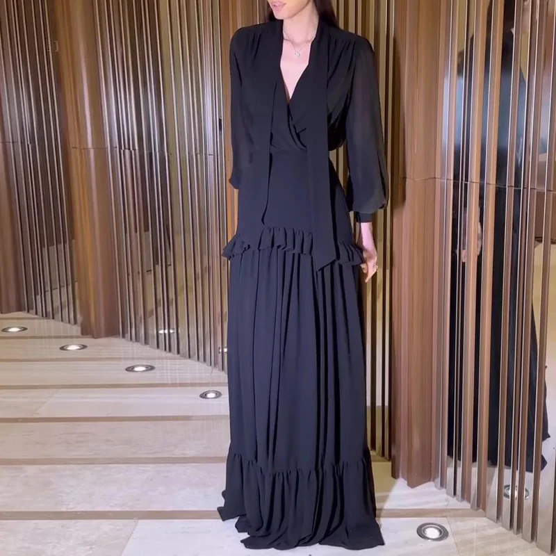 

Unique Ruffle Party Women 2pc Set Chiffon Comfortable Long Sleeved Autumn Suit Casual Street Wear Solid Color Long Skirt Outfit