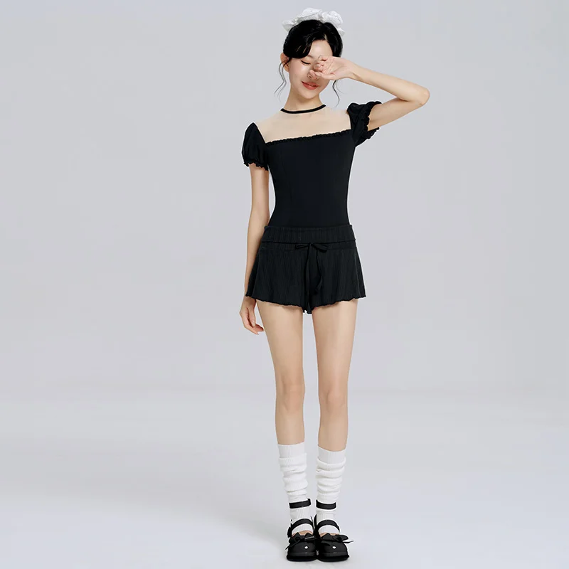 Ivoogle Body da ballo con lacci senza schienale da donna Mesh Patchwork Balletto Manica a sbuffo Body corto Costumi da bagno per adulti