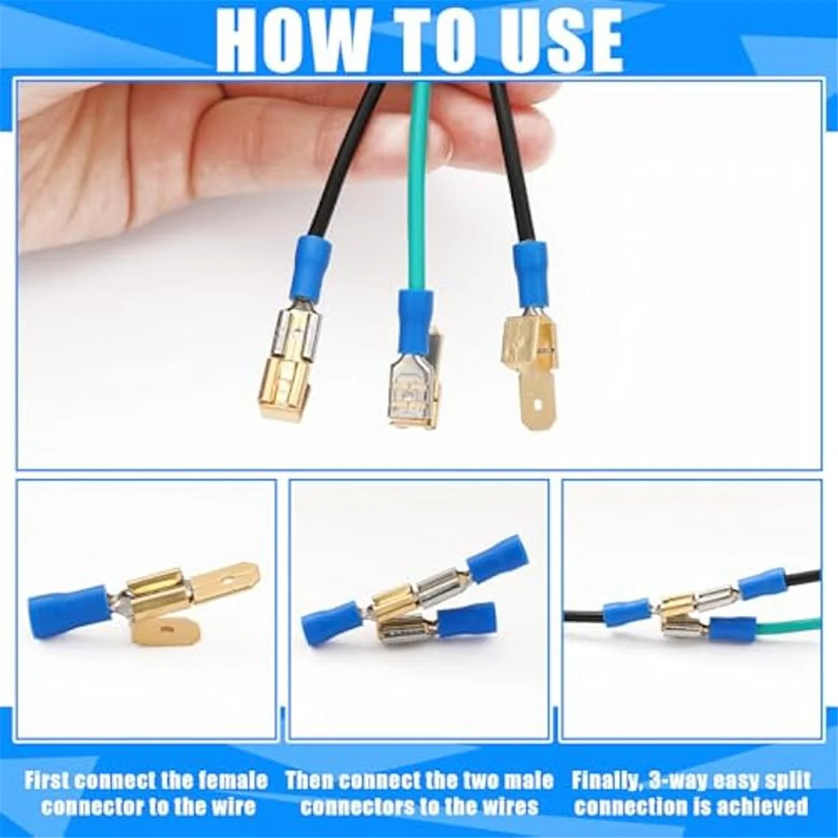 RTCX-100Pcs Piggyback Spade Connectors,3 Way Adapter Dual Male to Single Female Terminals Crimp Terminals Assortment Kit