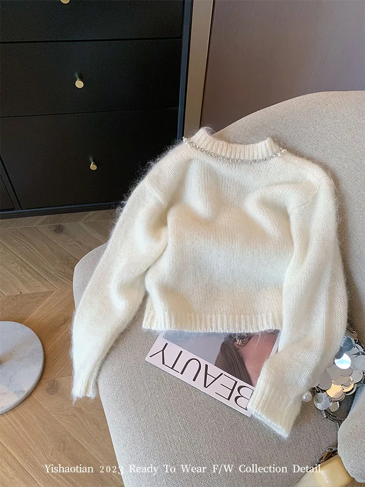 New Trend Women Mohair Cardigan O-Neck White Pearl Sweater Autumn Winter Long Sleeve Fashion Knitted Pullover Luxury Mori Girl