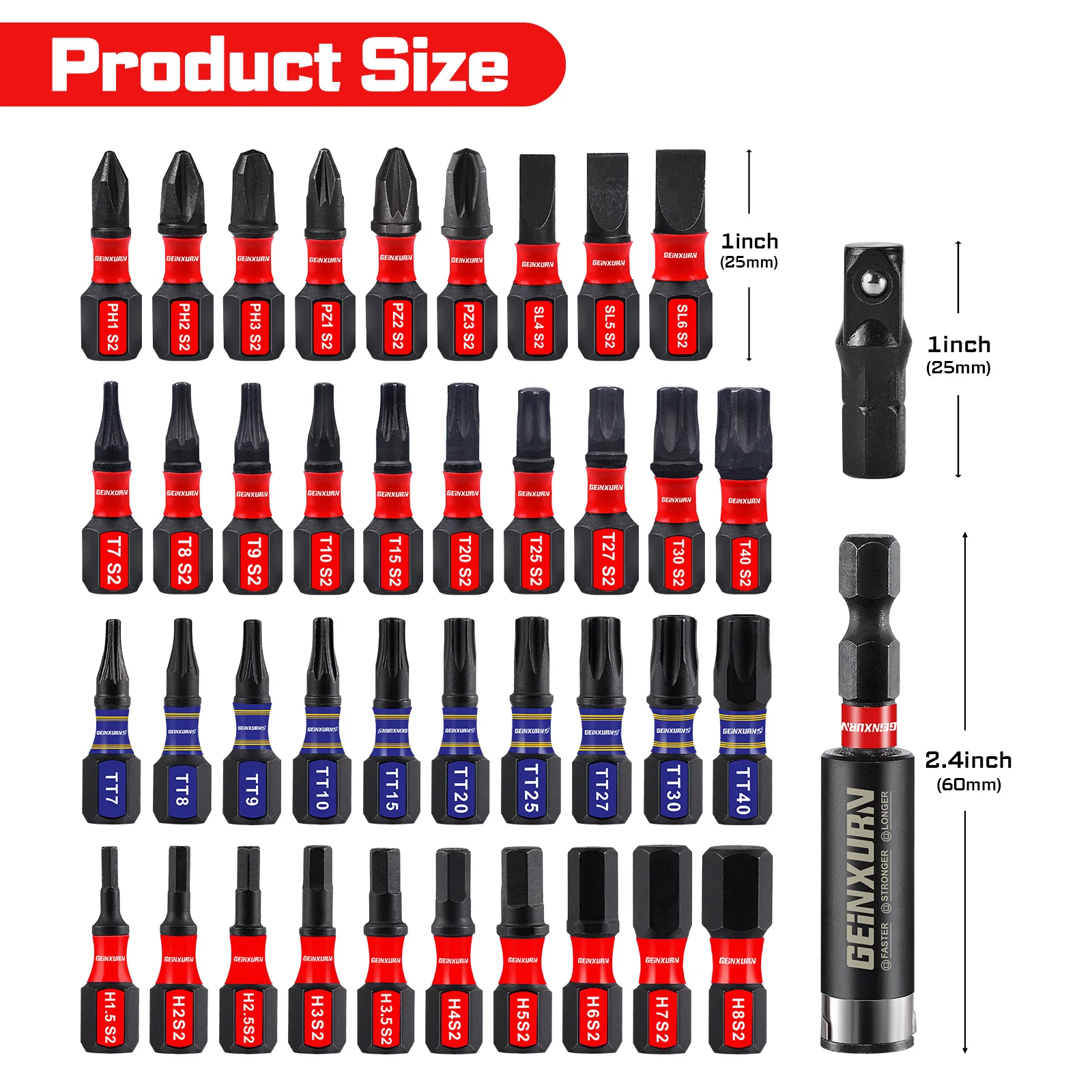 Geinxurn 32PCS S2 Steel Impact Screwdriver Bits Set, PH/SL/PZ/Torx Muliti Insert Bits Tips Set with Bit Holder and Adapter(Case)