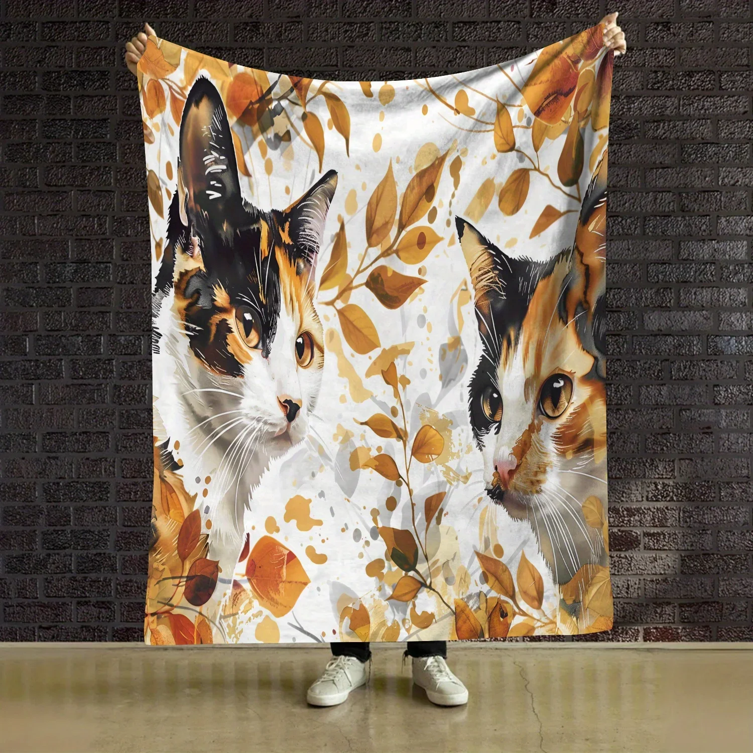 Customization Calico Cat Print Flannel Blanket, Soft Polyester Throw, Rustic Home Kitchen Bedding, All-Season, Mixed Colors, 200