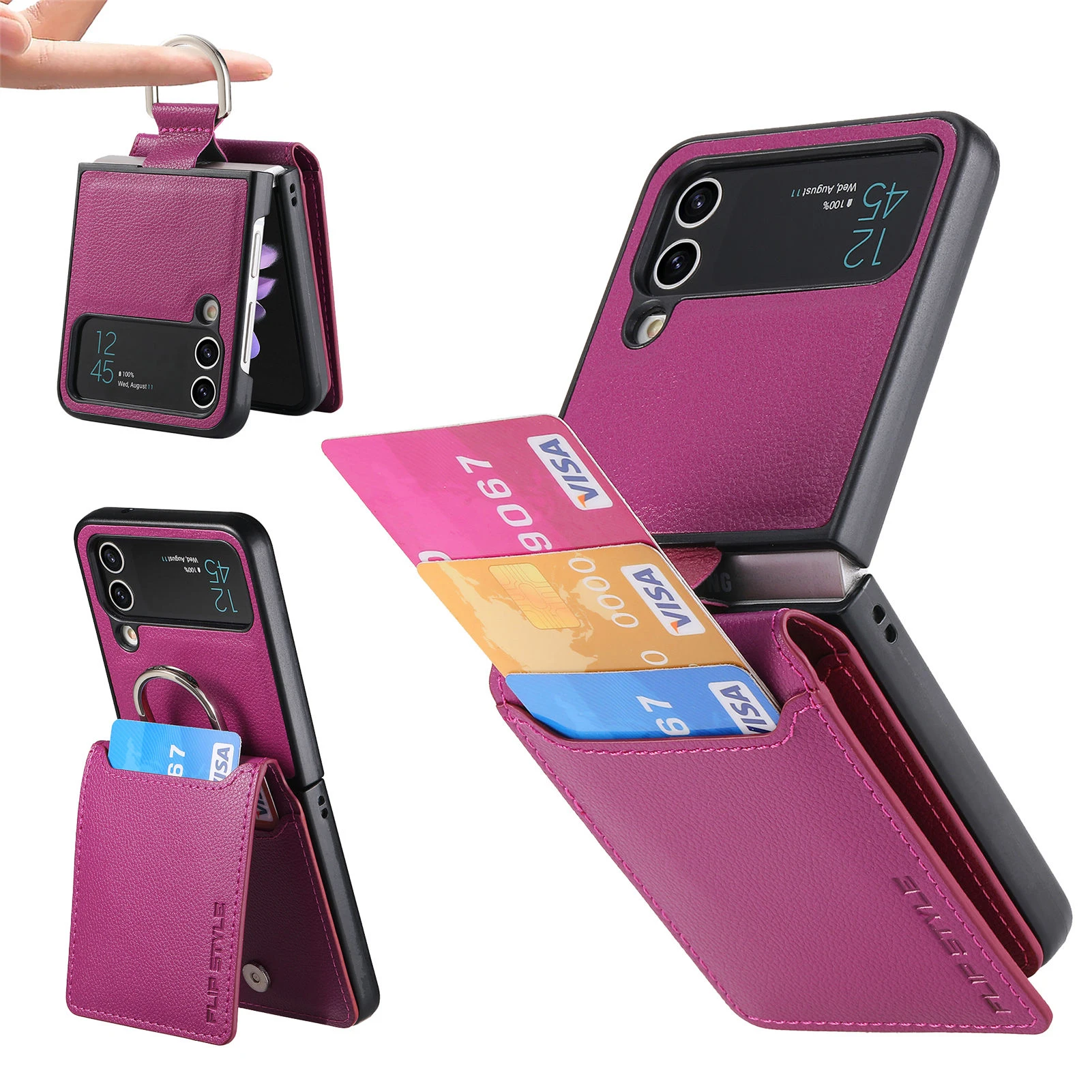 Vertical Cards Solt Magnetic Wallet Ring Holder Leather Case for Samsung Galaxy Z Flip 8 7 FE 6 5 4 Flip4 5G Zflip4 Stand Cover