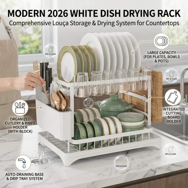 

Сушилка для посуды на столешницу 2026 WHITE с дренажом и подставкой для чашек, ножей и палочек, современный дизайн