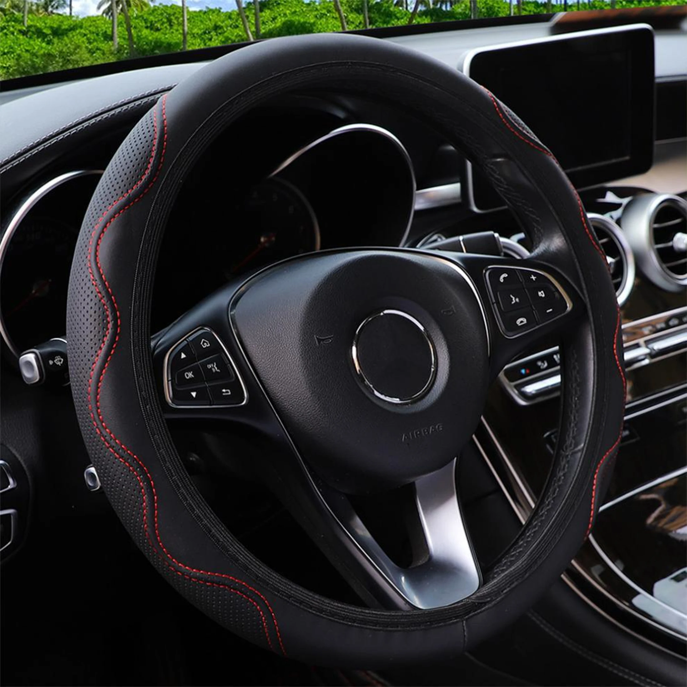 1PC Car Steering Wheel Cover without Inner Ring Embossed Ripple, All Season Universal Circular D-type Universal