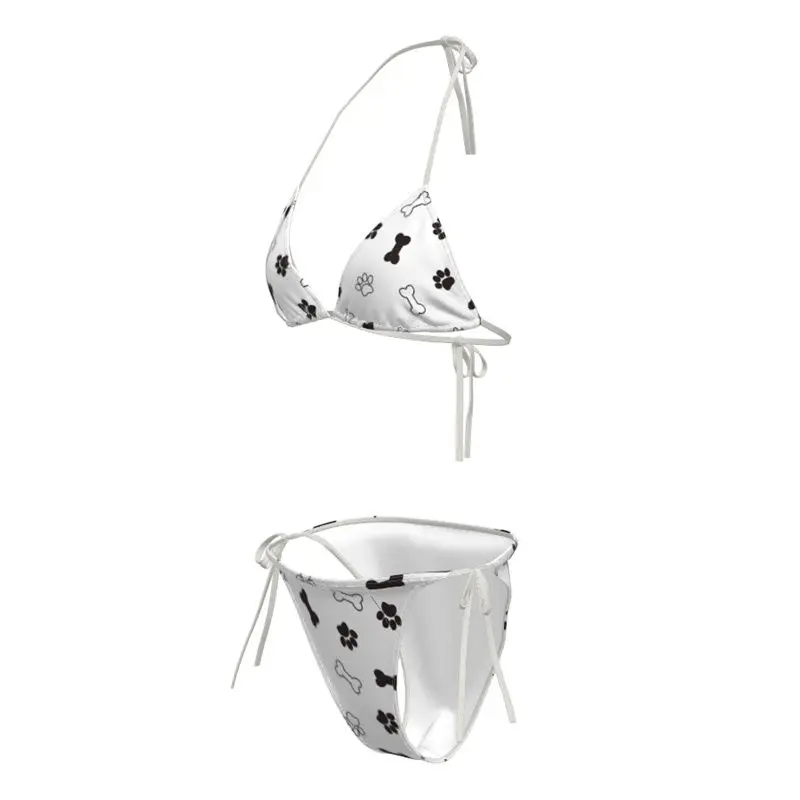 Women's White Cute Paw Print Bikini Set with Bone Pattern Y2K Kawaii Triangle Top Tie Side Bottoms Two Piece Swimwear for Summer