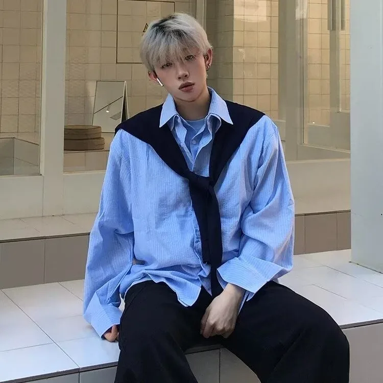 

Мужская свободная рубашка с длинным рукавом и полосками, дизайн с открытыми плечами, повседневный стиль, из полиэфирного волокна, без карманов, весна 2026