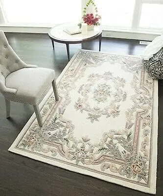 Aubusson Style Traditional Area Rug with Floral Medallion and Border Handmade Wool Floor Mat for Living Room Bedroom