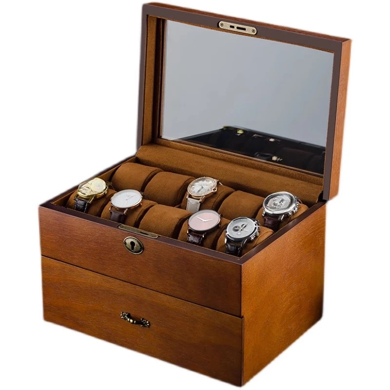 

Grey wood high-end watch box, men's and women's watch storage box, double-layer household window with lock