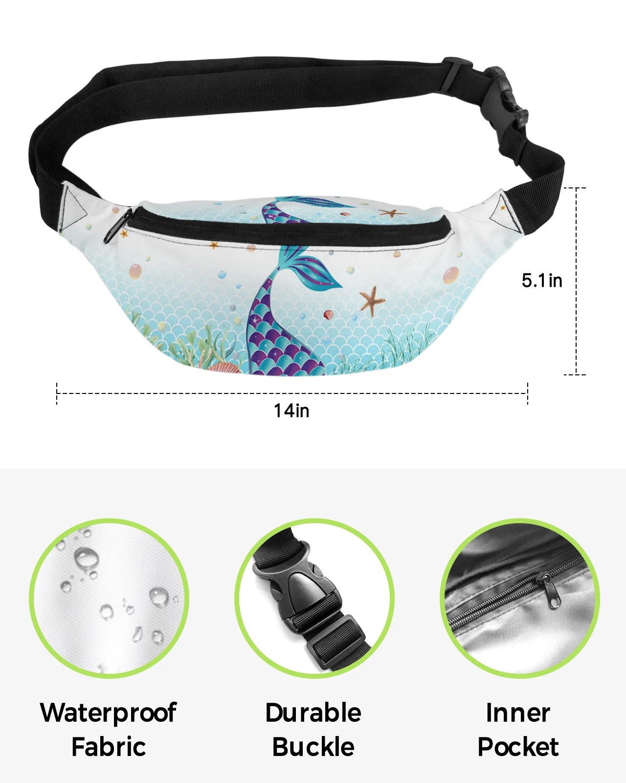 Mermaid Tail Ocean Coral Shell Starfish Waist Packs Shoulder Bag Unisex Messenger Bag Casual Fashion Fanny Pack for Women