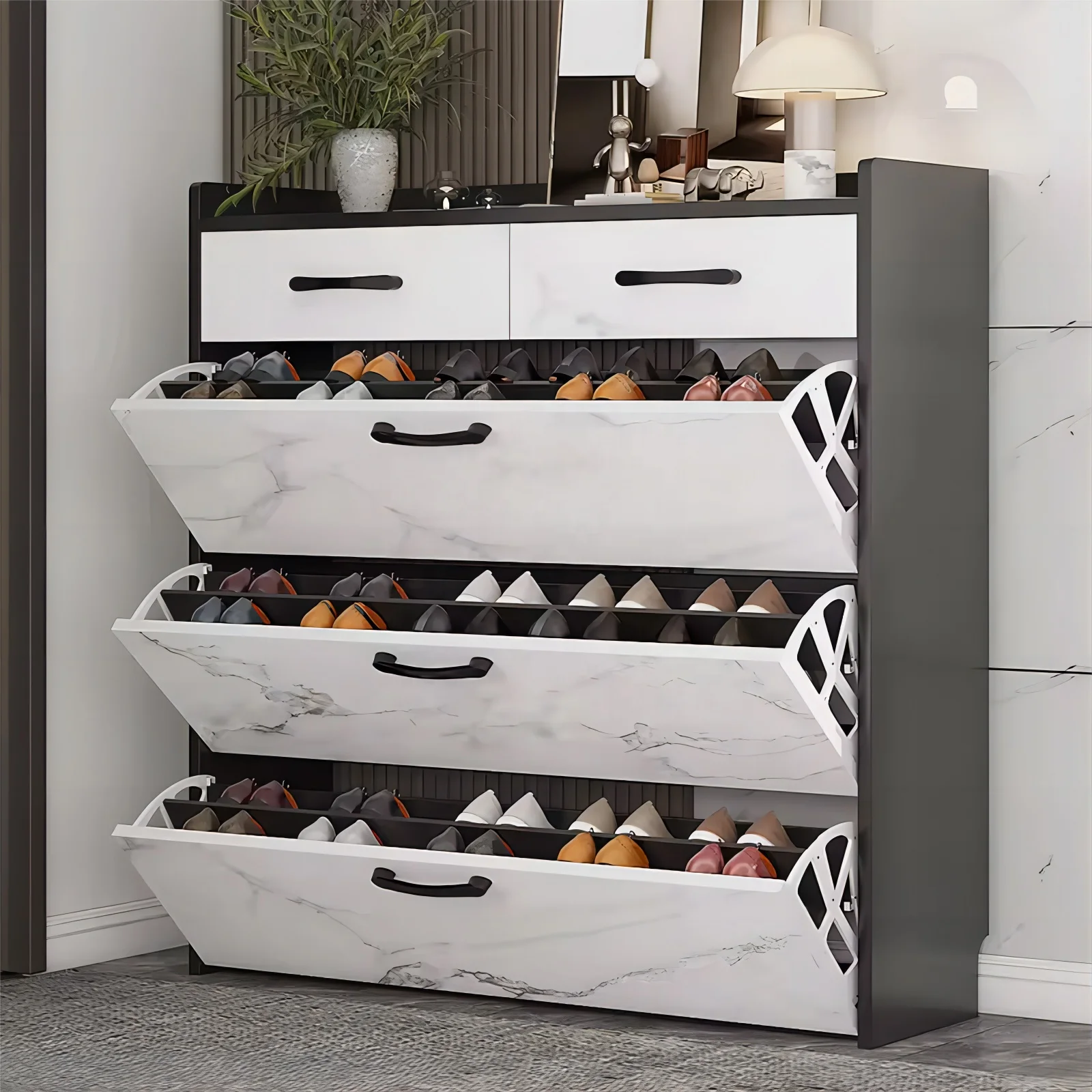 Large-capacity Marble Double Flip Design Rotating Wall Mounted Beautiful Small Entrance Shoes Storage Wood Cabinet With Drawers