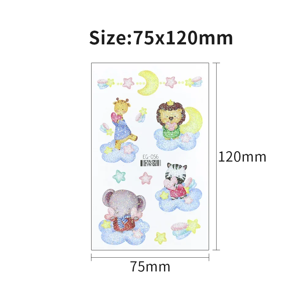 Kids Glitter Powder Tattoo Temporary Disposable Children Cartoon Lion Elephant Butterfly Elf Alpaca Mermaid Sticker Waterproof