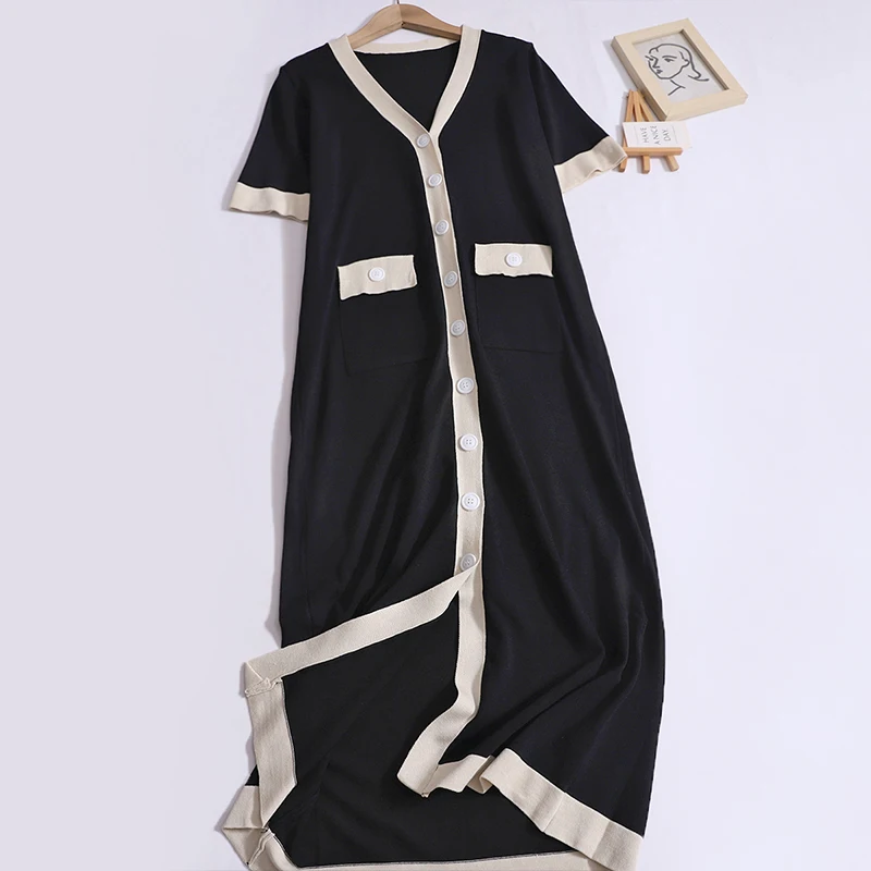 Women Summer Vintage V-neck Single-breasted Dress Patchwork Pocket Short Sleeved Knit Dress Loose Casual Simple Mid-Length Dress