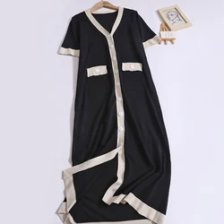 Women Summer Vintage V-neck Single-breasted Dress Patchwork Pocket Short Sleeved Knit Dress Loose Casual Simple Mid-Length Dress