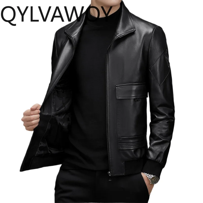 

QYLVAWOY New Arrival Men Top Layer Sheepskin Leather Coat Lapel Collar Genuine Leather Jacket Man Business Casual Male Outerwear