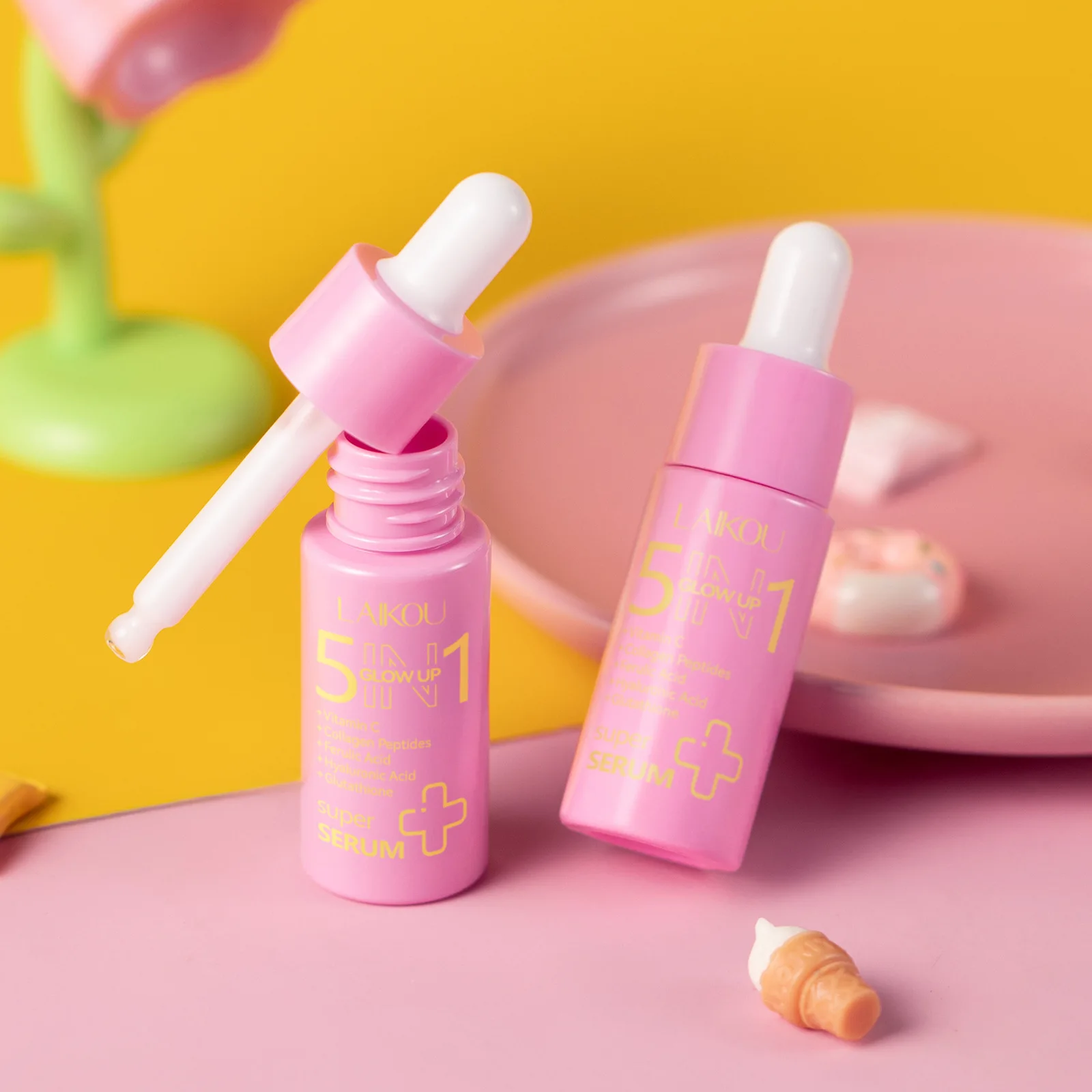 LAIKOU 5 in 1 Brightening Essence 17ml, Vitamin C Glutathione Ferulic Acid Hyaluronic Acid Collagen, Anti Aging Face Serum