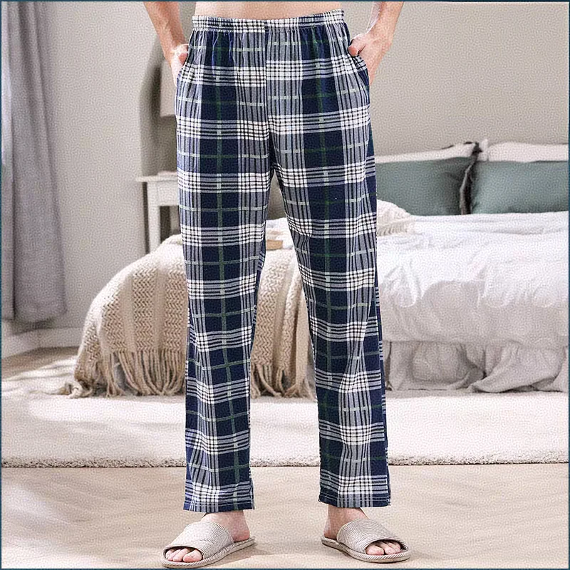 Men's Summer Pajama Pants, Slimming, Long Style, Suitable for Going Out, Casual Wear for Students, Solid Color Plaid, Youth Loungewear Pants