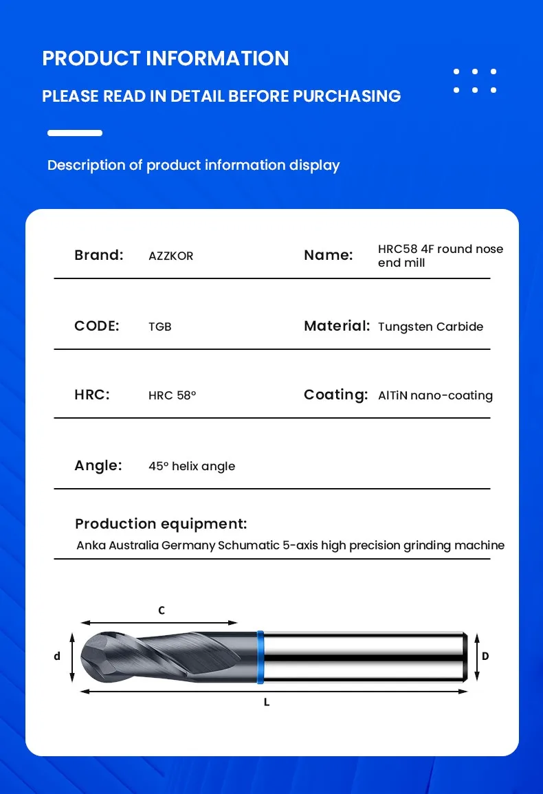 Gamont TGB-HRC65 4f farb kreis kugel fräser wolfram stahl karbid schwarz beschichtung fräser cnc mechanische end fräser werkzeuge – Detail 16