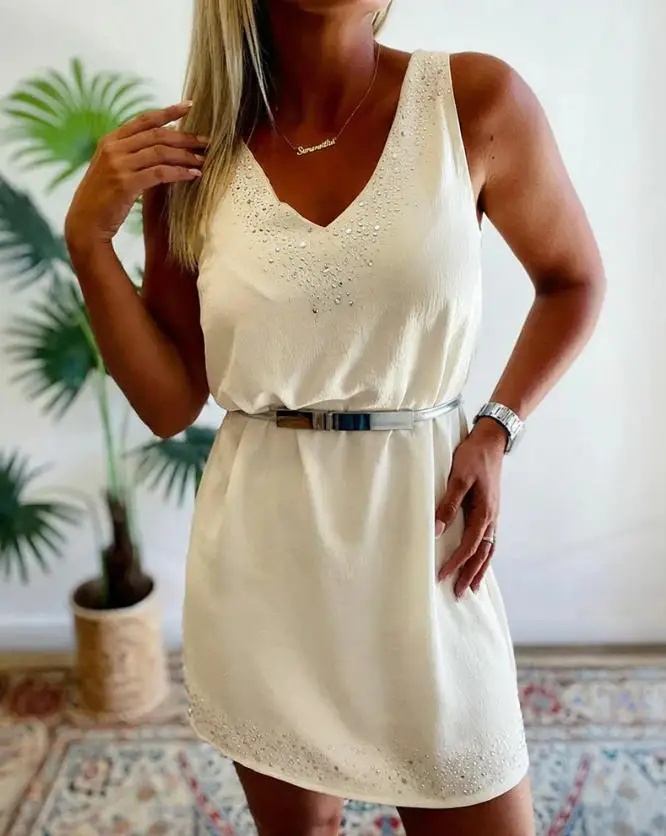 

Women Dress 2026 Spring Summer New Fashion Rhinestone Decor V-Neck Sleeveless Dress Casual Backless Vacation Dress with Belt