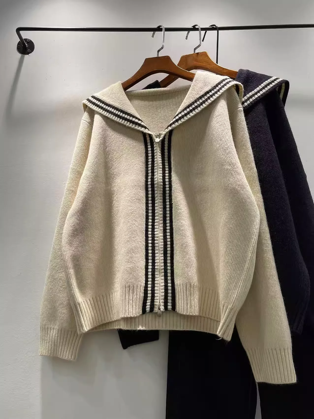 

Enianechu женский свитер с капюшоном осень-зима корейская мода матросский воротник бежевый темно-синий кардиган с капюшоном верхняя одежда