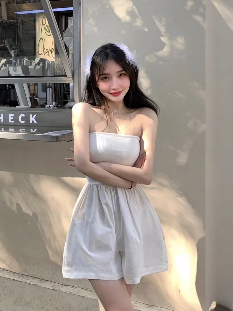 Sexy Bla Bandeau One-Piece Pantsuit High Waist Slimming Waist Design ort Pants Commute Sle Polyester Fabric