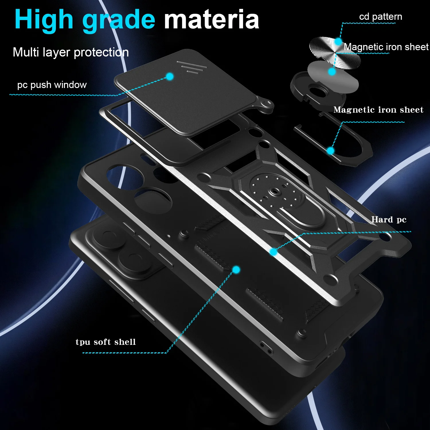 Stoßfeste Hybrid-Doppelschicht-Magnetring-Ständerhülle für Xiaomi15 Pro 5G Slide Camera Protector Cover