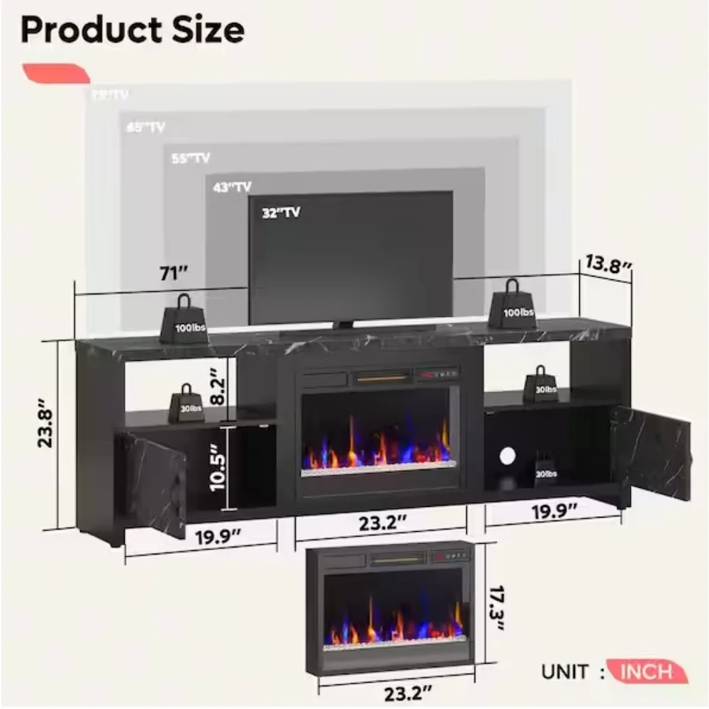 70 дюймов. Подставка для телевизора со светодиодной подсветкой из черного мрамора подходит для телевизоров до 75 дюймов. Развлекательный центр с камином и шкафами