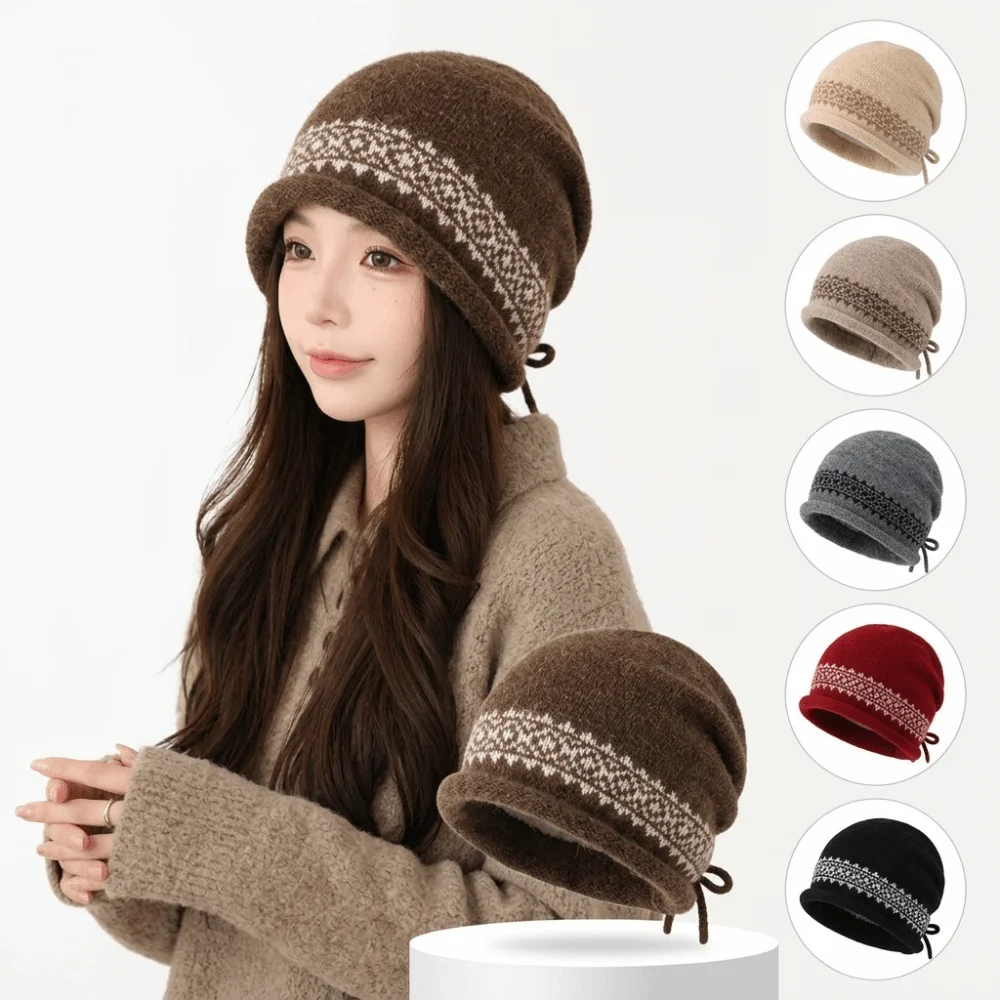 Vintage Women's Beanie Slouchy Fit Jacquard Pattern Slouchy Beanie Adjustable Drawstring Large Head Circumference