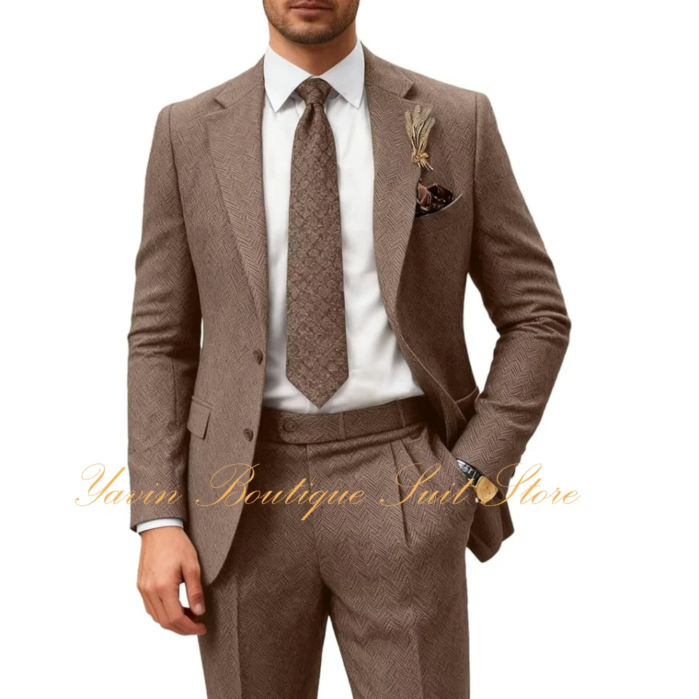 

Retro Men's Herringbone Tweed Suits 2 Piece Wedding Business Casual Suit Jacket Pants Formal Party Dinner Tuxedo Set