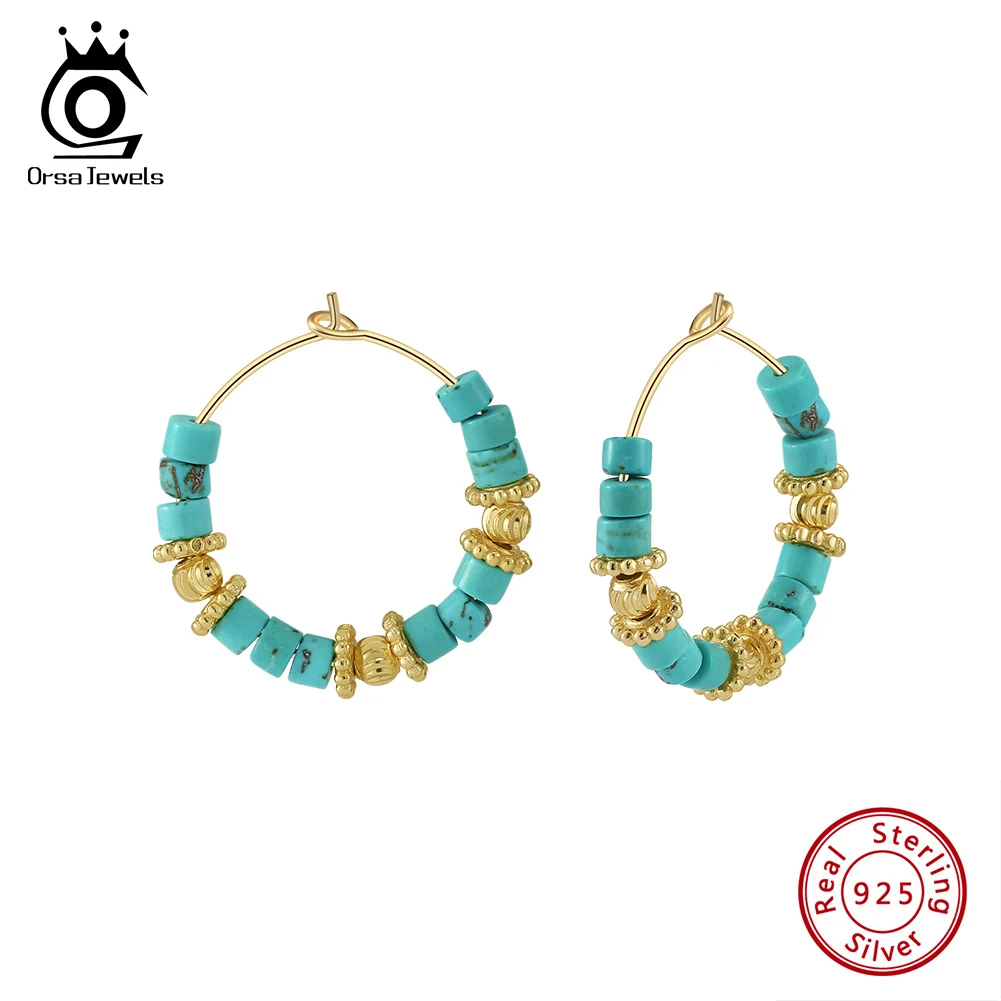 

ORSA JEWELS Fashion Natural Stone Hoop Earrings 14K Gold Bead And Turquoise 925 Sterling Silver Earrings for Women Jewelry GME43