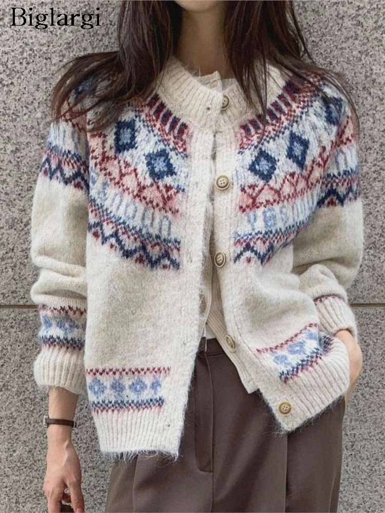 

Knitted Autumn Cardigan Women Floral Print Fashion Casual Long Sleeve Ladies Cardigans Loose Korean Style Woman Sweater Coats