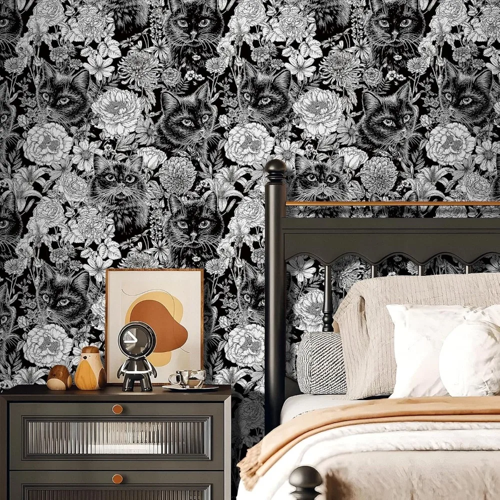ورق جدران ذاتي اللصق على شكل زهور قطة باللونين الأسود والأبيض من مودي القوطي لداخل الأكاديمية الداكنة