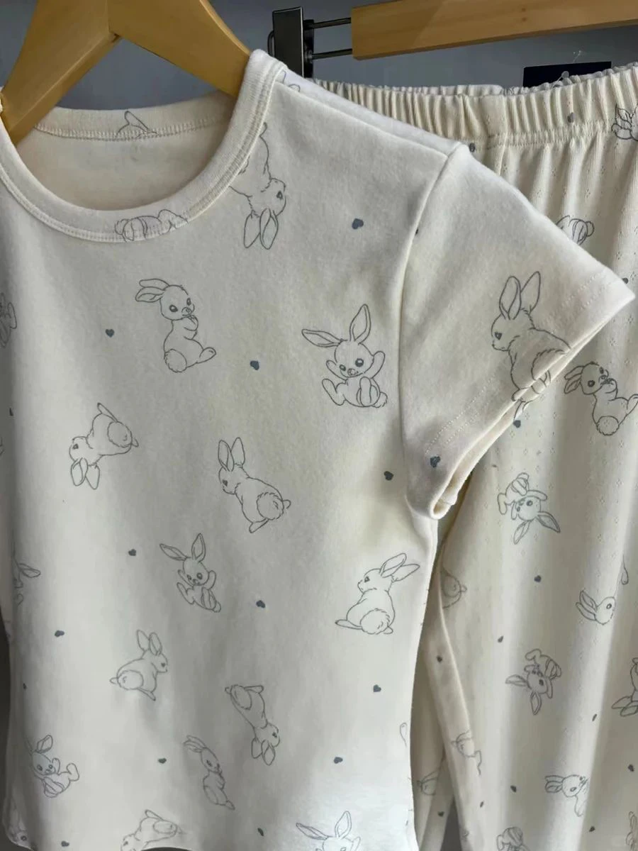 Sweet Rabbit Print T-shirt Pant Sets Women Summer O-neck Slim Tee Eyelet Straight Long Pants Casual Soft Cotton Home Pajama Set