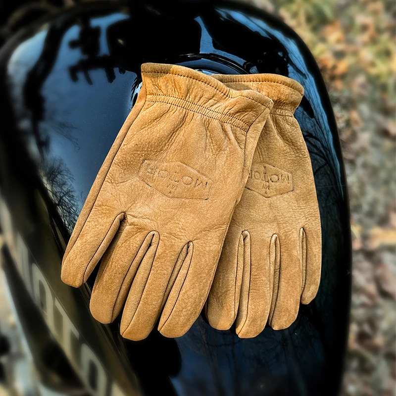 Men's Suede Curved-Finger Gloves, First-Layer Cowhide, Autumn and Winter Warm Wool Knitted Lining Gloves, Cycling Motorcycle Gloves