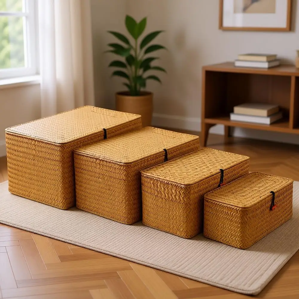 

Set of 4 Natural Seagrass Wicker Baskets with Lids, Rectangular Storage Bins for Organizing Shelves
